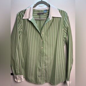 Lands' End Green and White Striped Button-Up Shirt with White Collar